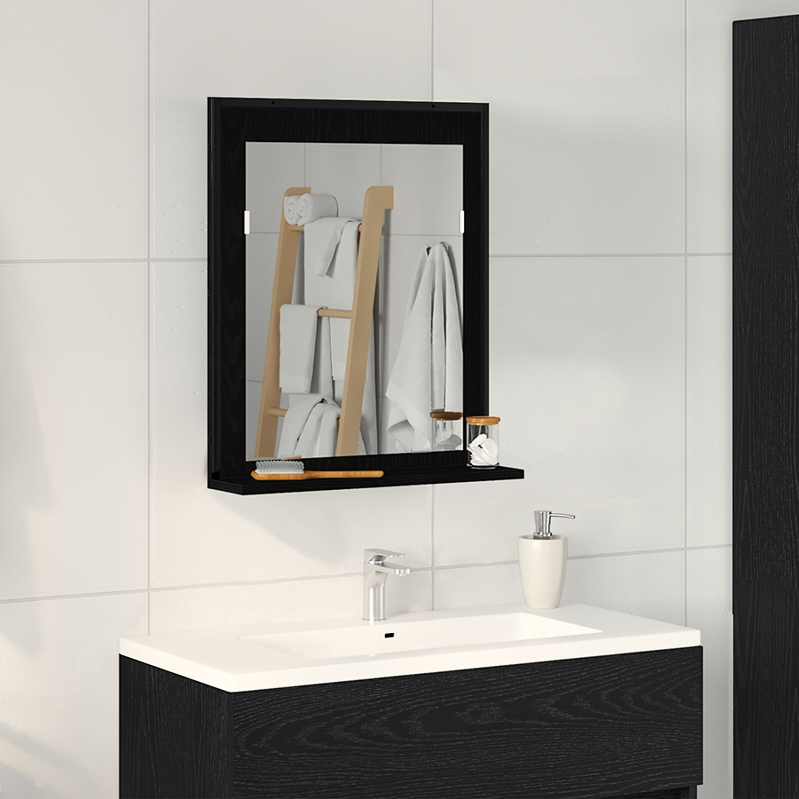 vidaXL Mirror with Shelf with Mirror Black oak 19.69 x 4.72 x 23.62 in