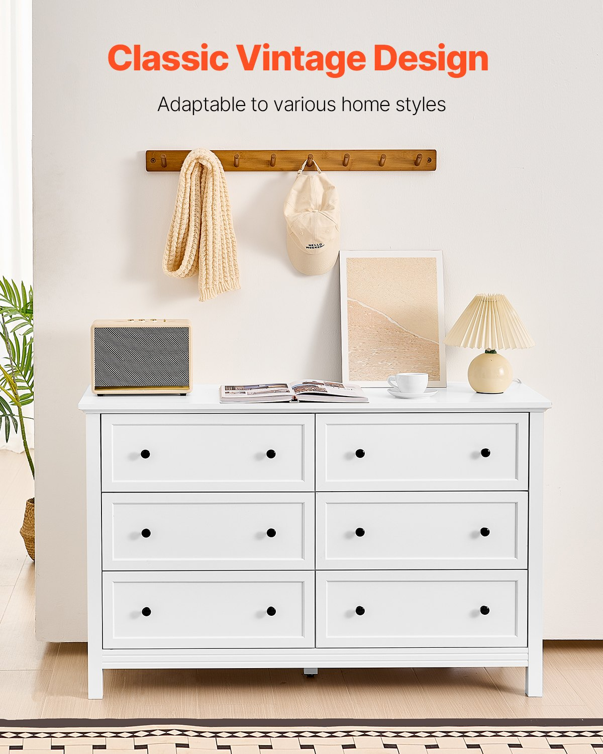 VEVOR 6 Drawer Dresser, Wooden Chest of Drawers with Sliding and Anti-tip Device, Retro Minimalist Dresser Chest, Closet Storage TV Stand Organizer for Living Room, Hallway, Bedroom, Entryway, White