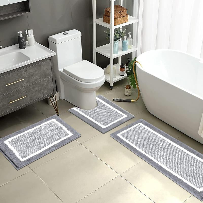 LOKHOM 3-Piece Bathroom Rug Set – Non-Slip, Absorbent Microfiber, Soft Farmhouse Style, Includes U-Shaped Toilet Mat & Shower Rug – Machine Washable