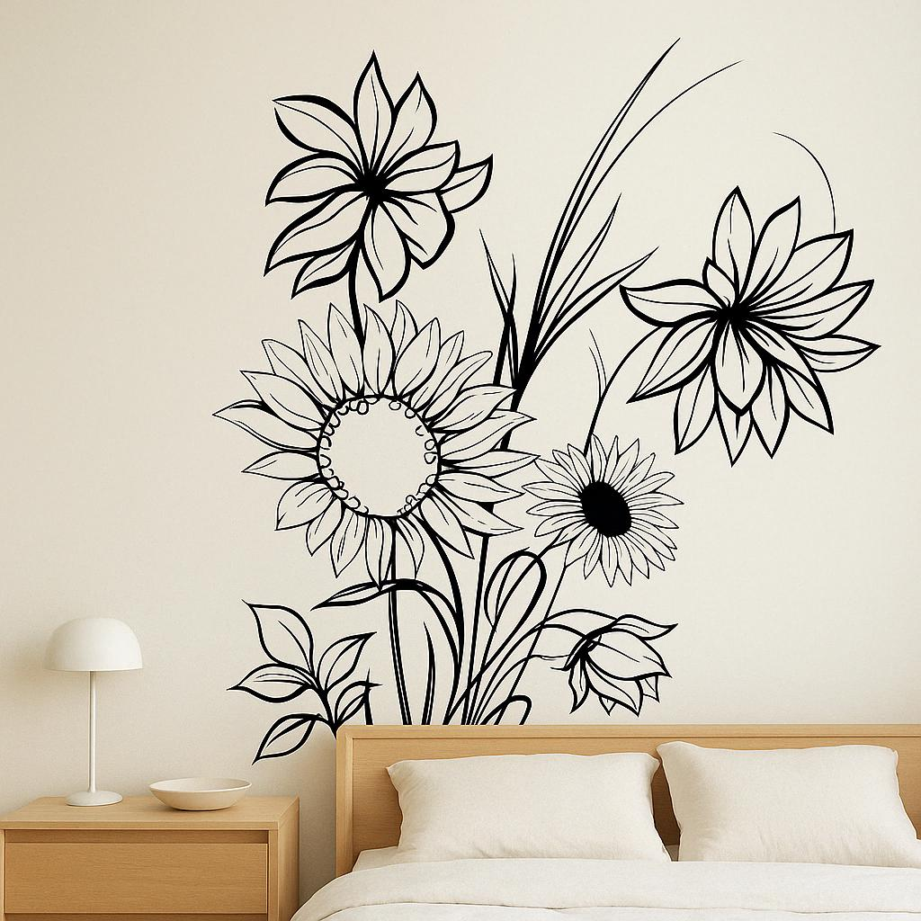 Sunflower Wall Decal | Floral Line Art Wall Sticker Decor | Modern Flower Wall Art for Bedroom, Bathroom, or Girls Room Mural