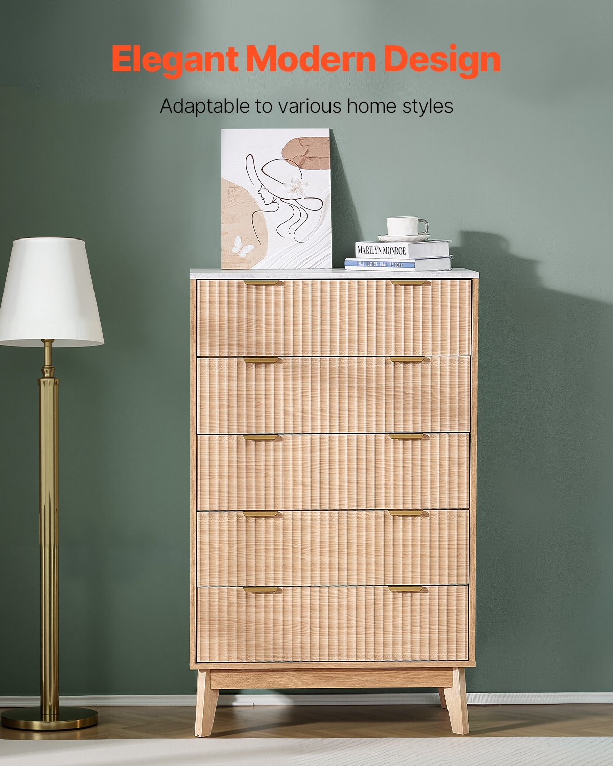 VEVOR 5 Fluted Drawer Dresser, Wooden Chest of Drawers with Sliding & Anti-tip Device, Modern Minimalist Dresser Chest, Closet Storage Organizer for Living Room, Hallway, Bedroom, Entryway, Light Wood