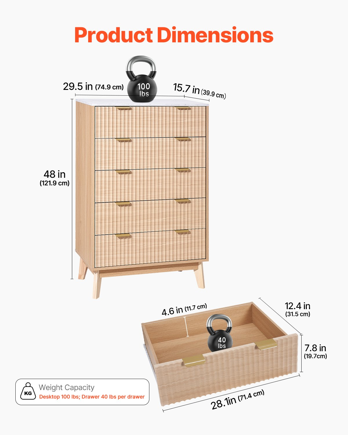 VEVOR 5 Fluted Drawer Dresser, Wooden Chest of Drawers with Sliding & Anti-tip Device, Modern Minimalist Dresser Chest, Closet Storage Organizer for Living Room, Hallway, Bedroom, Entryway, Light Wood