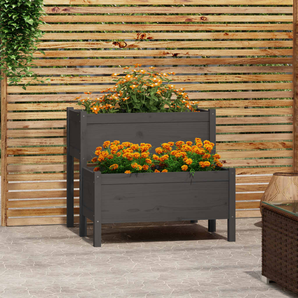 vidaXL Planter Grey Solid Pine Wood Medium Planters Planter Square