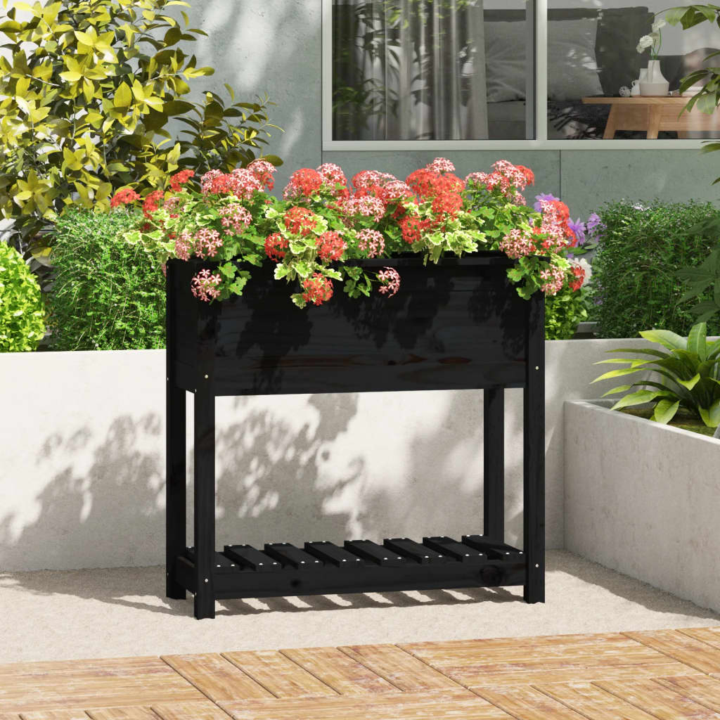 vidaXL Planter Black Solid Pine Wood Medium Planter Rectangular