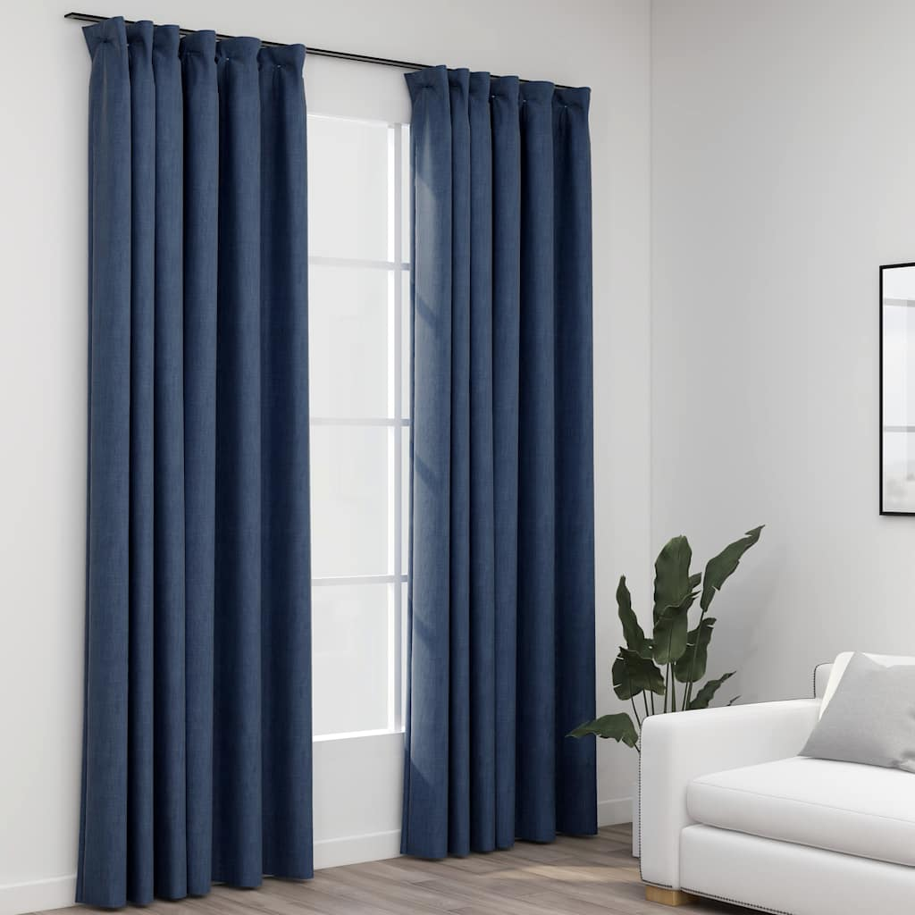 vidaXL Linen-Look Blackout Curtains with Hooks 2 pcs Blue 55.1x96.5"