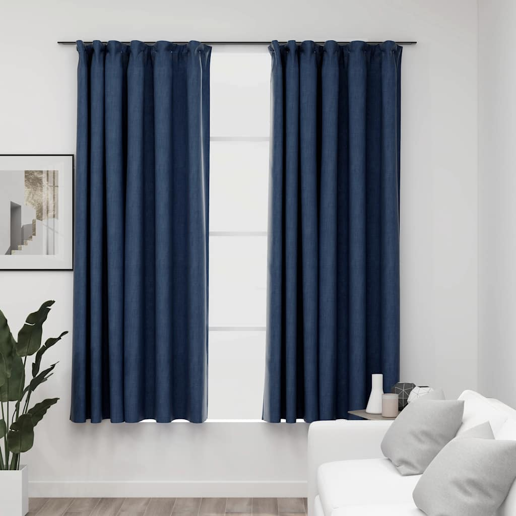 vidaXL Linen-Look Blackout Curtains with Hooks 2 pcs Blue 55.1x68.9"