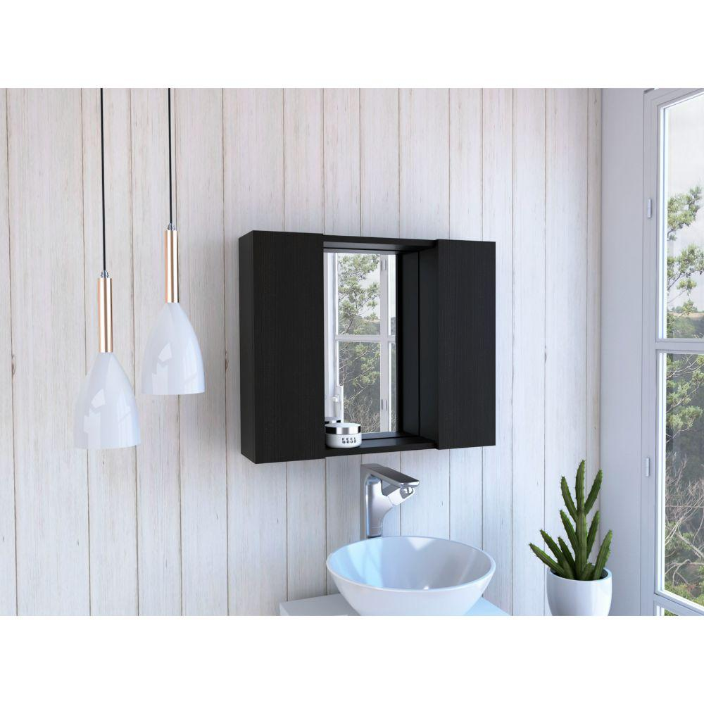 DEPOT E-SHOP Garnet Medicine Cabinet, Mirror, One External Shelf, Two-Door Cabinet-Black, For Bathroom
