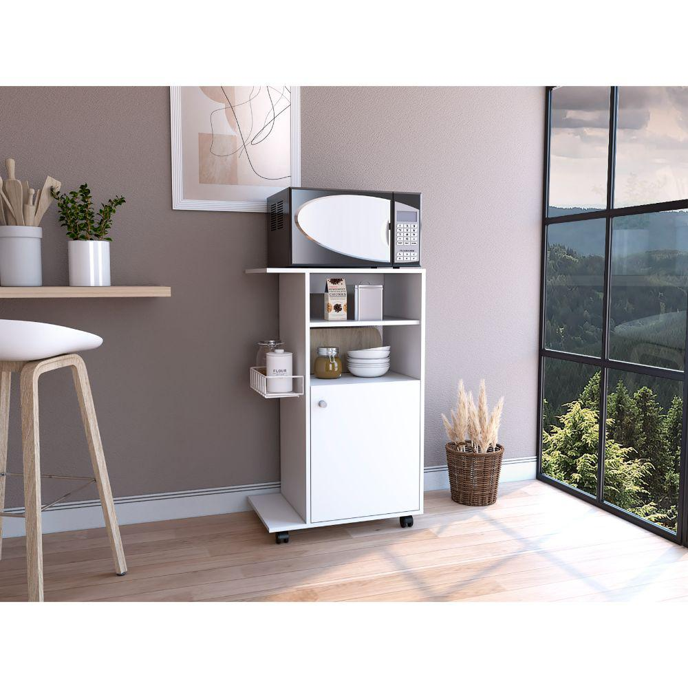 DEPOT E-SHOP Opal Kitchen Cart, Microwave Countertop, One-Door Cabinet, Four Caster Wheels- White, For Living Room