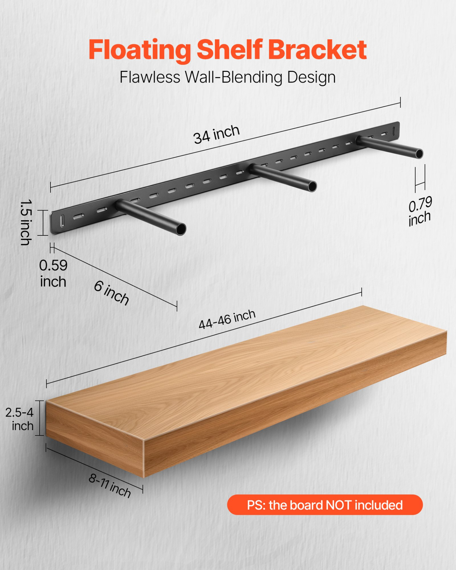 VEVOR Floating Shelf Bracket 1 Pack, 190 lbs/86 kg Weight Capacity, 34x6.2x1.5 inch / 863.6x157.4x38.1 mm, Heavy Duty Hidden Shelf Brackets Support, Wall Mounting Invisible Floating Shelves Bracket