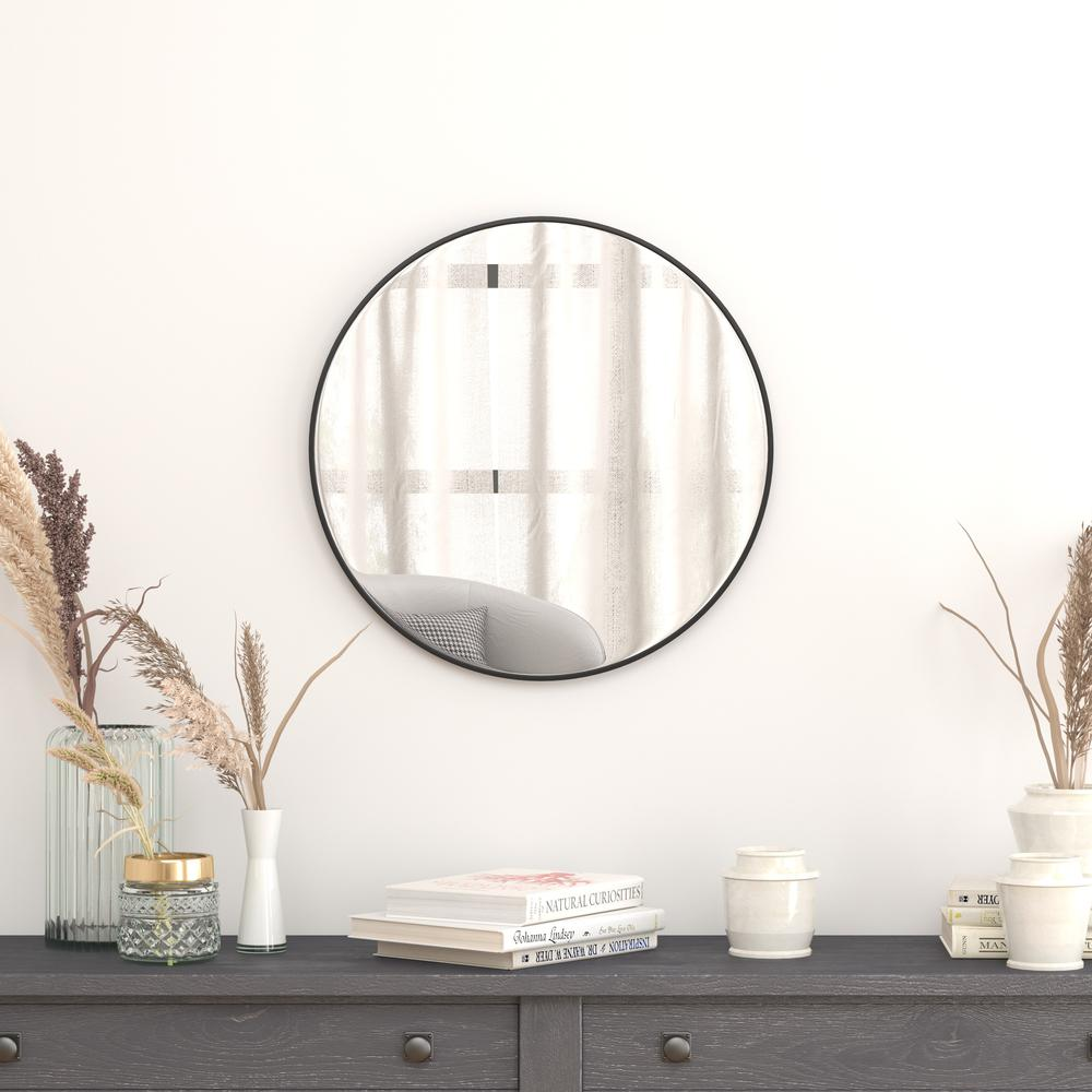 24" Round Black Metal Framed Wall Mirror