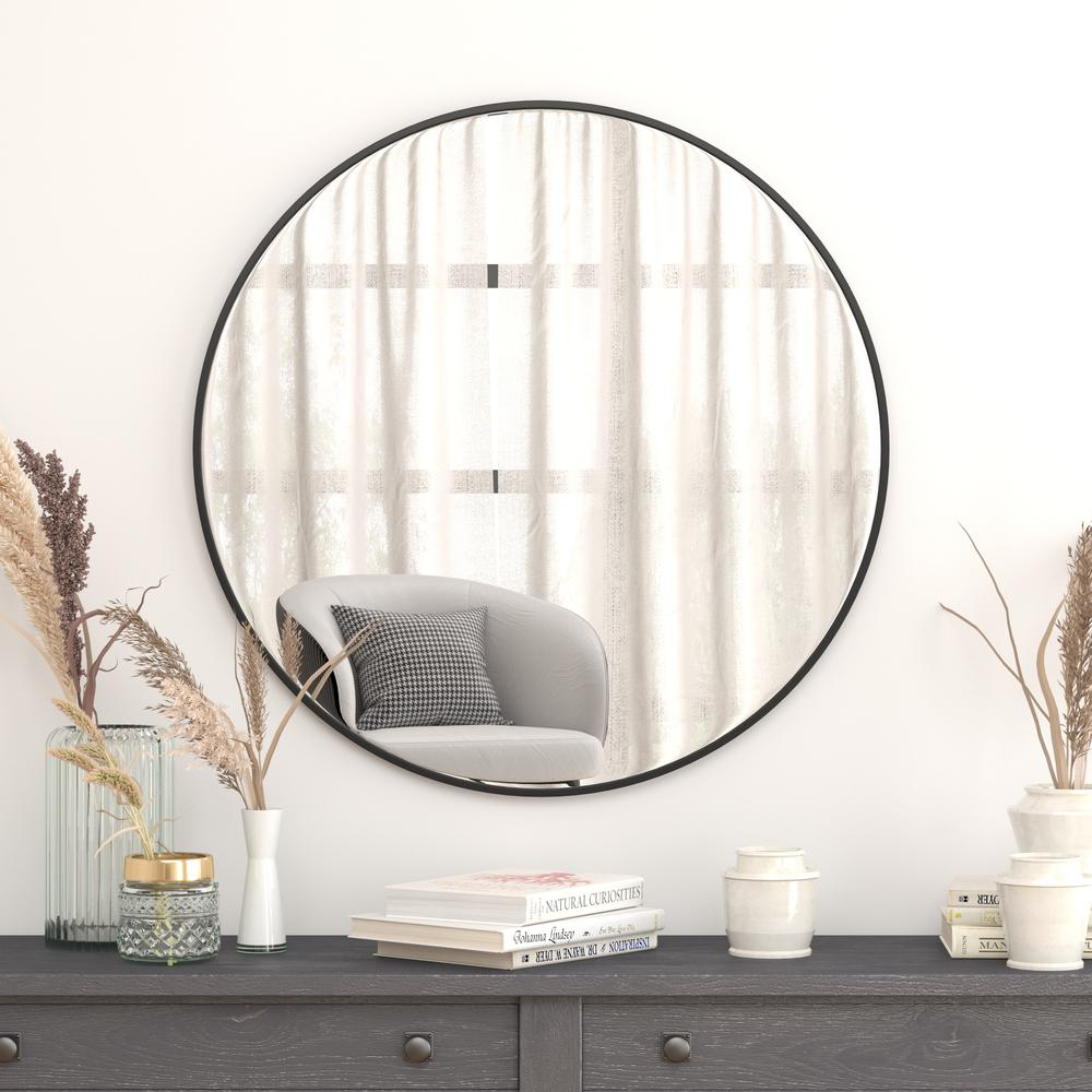 36" Round Black Metal Framed Wall Mirror