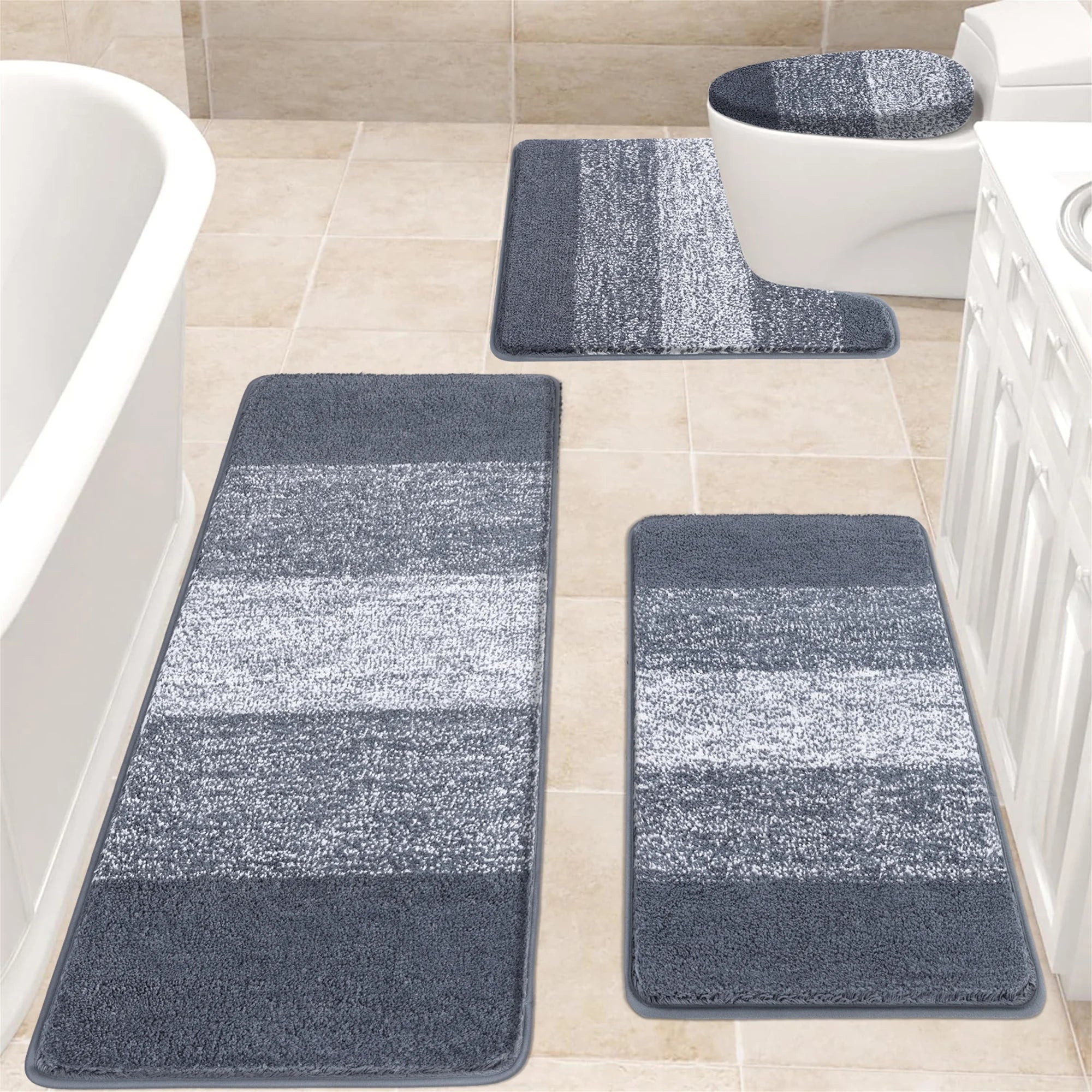 Traditional 4 Piece Microfiber Washable Bathroom Rug Set, Grey