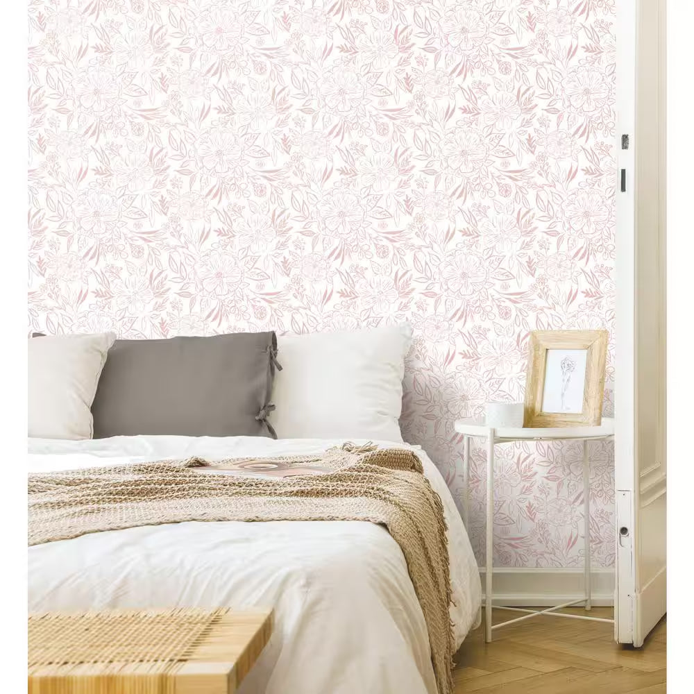 Floral Sketch Pink Vinyl Peel and Stick Matte Wallpaper 30.75 sq. ft.