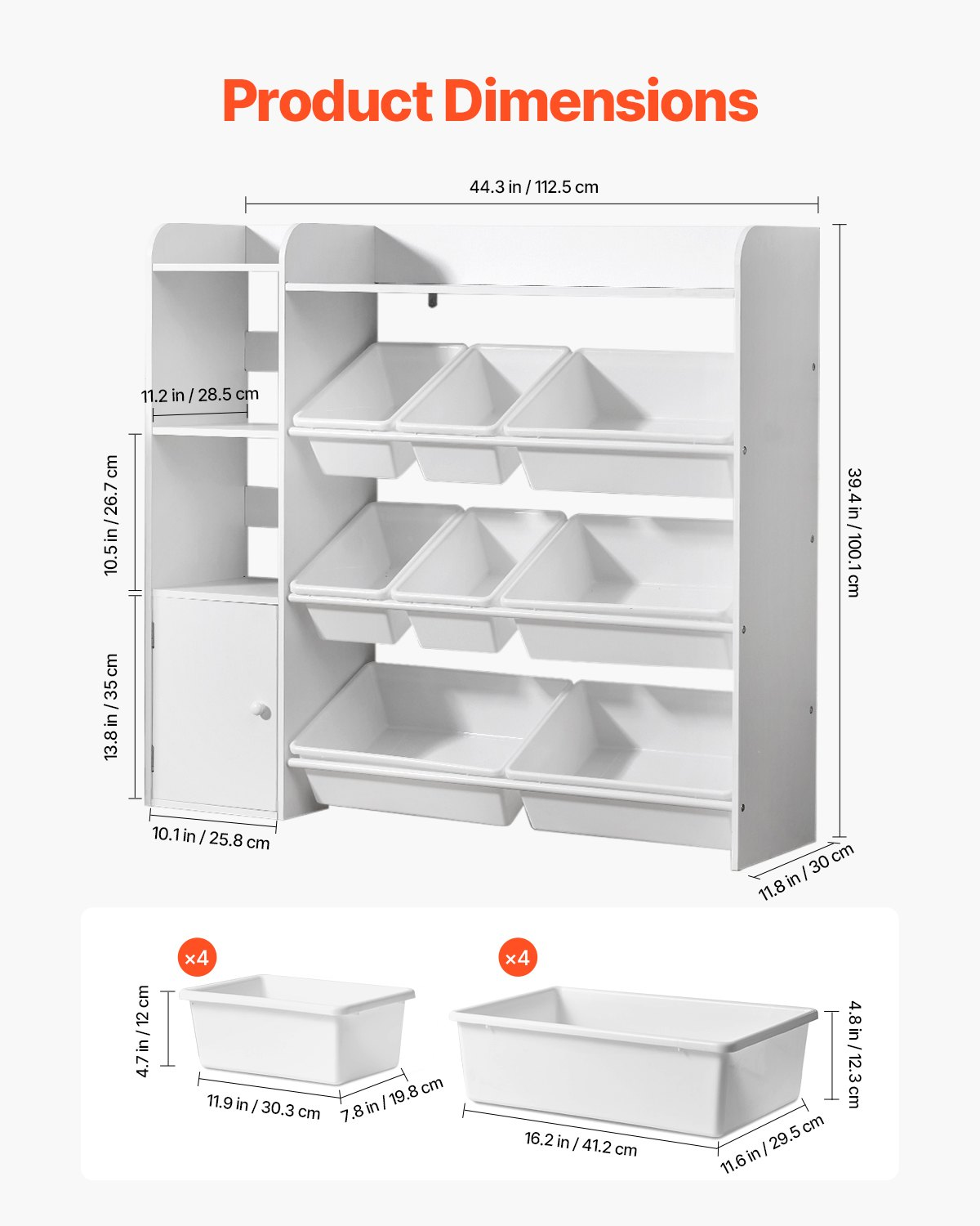 VEVOR Kids Toy Storage and Bookshelf, 4-Tier Toy Storage Organizer with 8 Flexible Plastic Bins, Kids Cubby Cabinet with Bookshelf for Study Room, Bedroom, Playroom, Classroom, Nursery, White