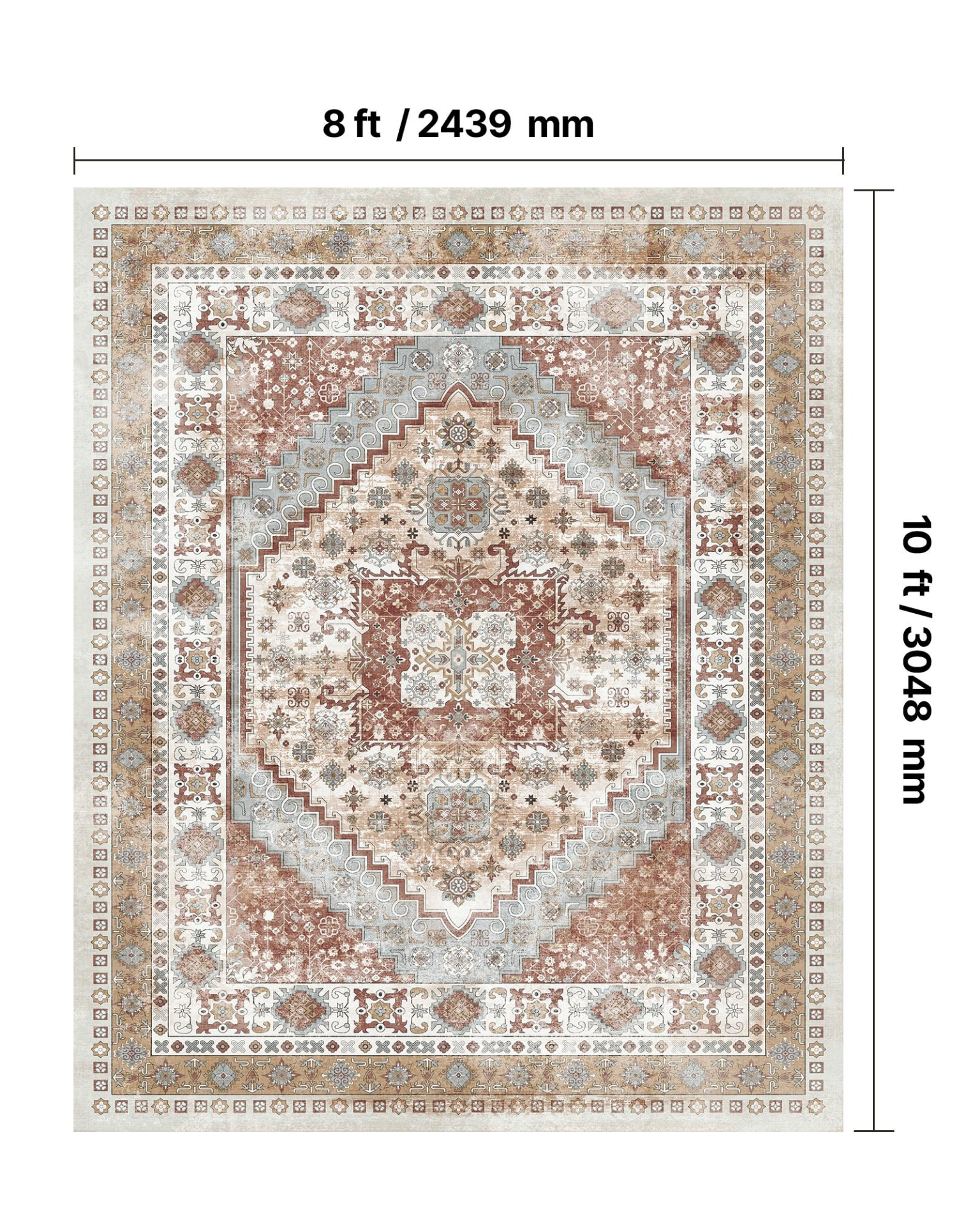 VEVOR Area Rug, 8 x 10 ft Large Washable Rug, Non-Slip and Tear-Resistant Soft Carpet, Pet & Child Friendly Vintage Area Rugs, Indoor Mat for Bedroom, Living Room, Kids Room, Office, Brown Red
