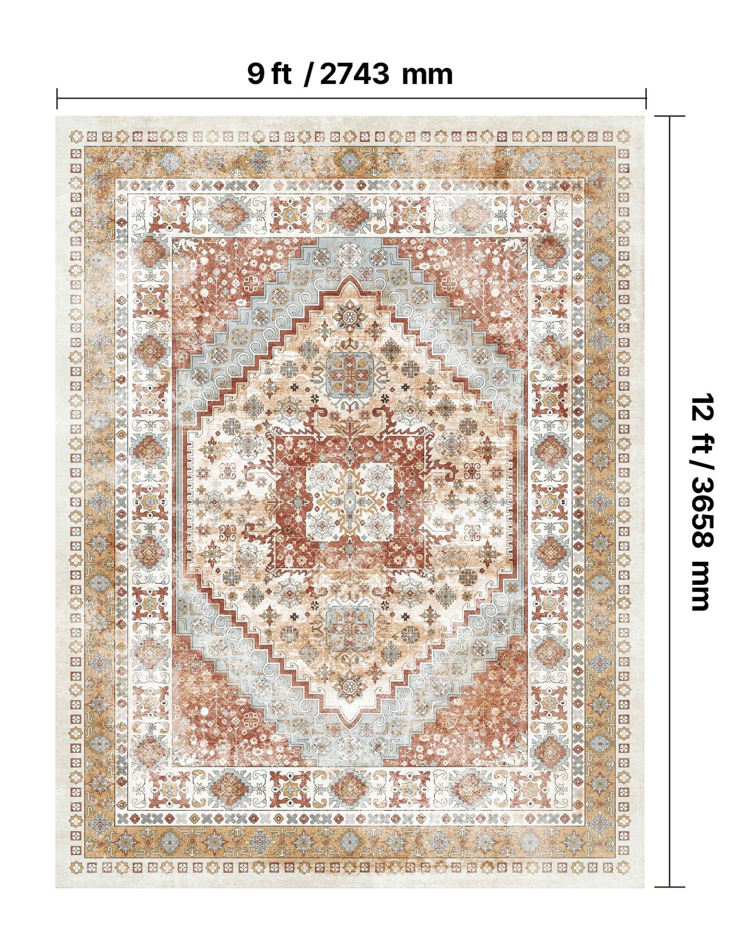 VEVOR Area Rug, 9 x 12 ft Large Washable Rug, Non-Slip and Tear-Resistant Soft Carpet, Pet & Child Friendly Vintage Area Rugs, Indoor Mat for Bedroom, Living Room, Kids Room, Office, Brown Red