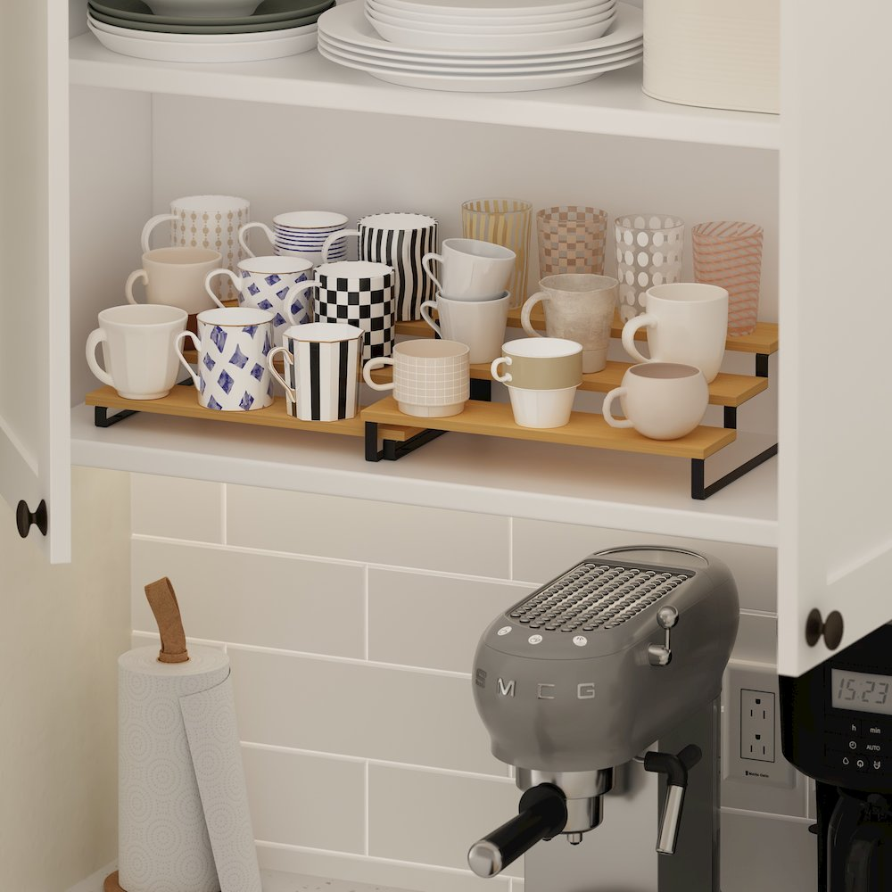 Nestable Kitchen Counter Spice Rack Organizer – 2-Piece 3-Tier Set in Beech & Black