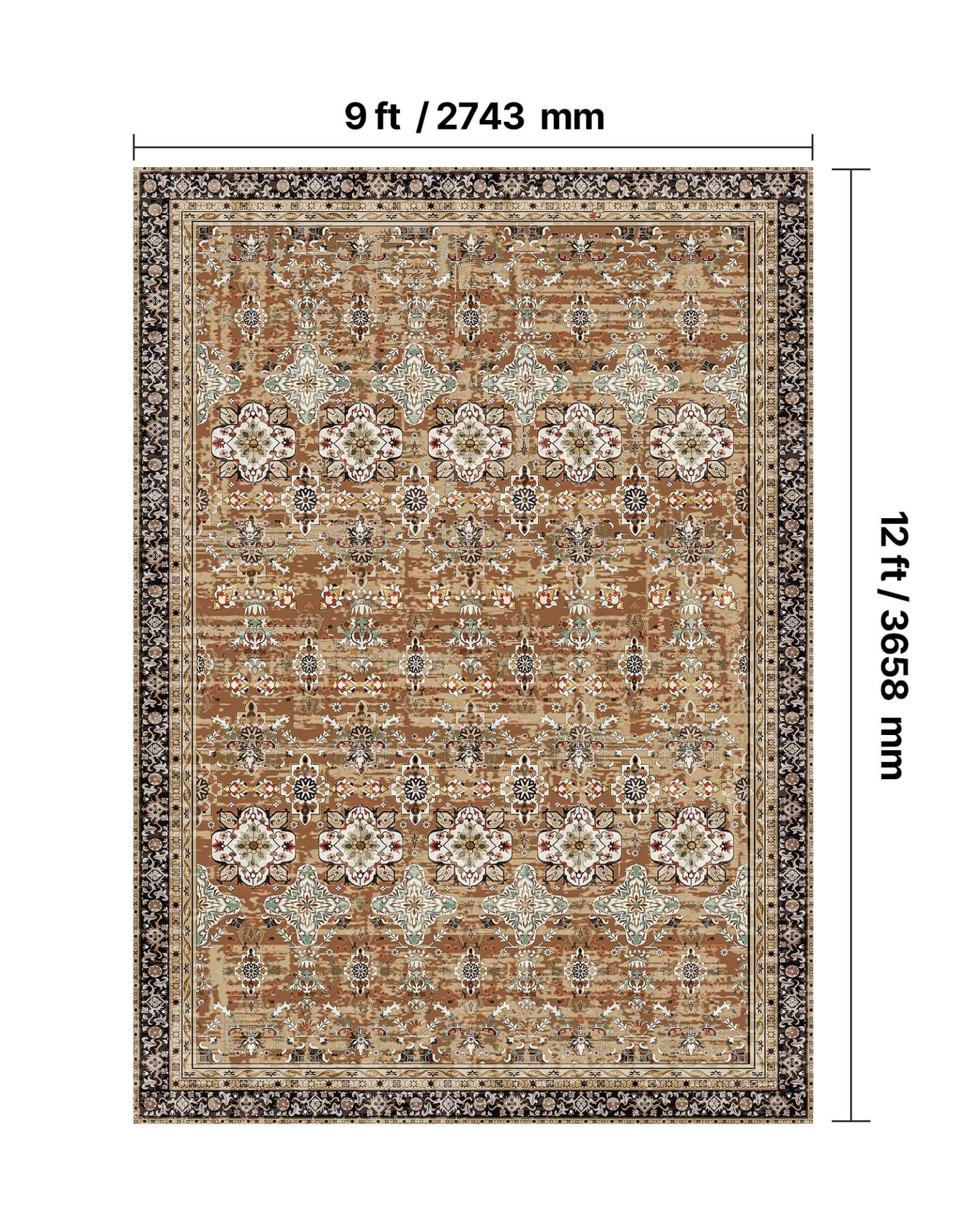 VEVOR Area Rug, 9 x 12 ft Large Washable Rug, Non-Slip and Tear-Resistant Soft Carpet, Pet & Child Friendly Vintage Area Rugs, Indoor Mat for Bedroom, Living Room, Kids Room, Office, Brown Green