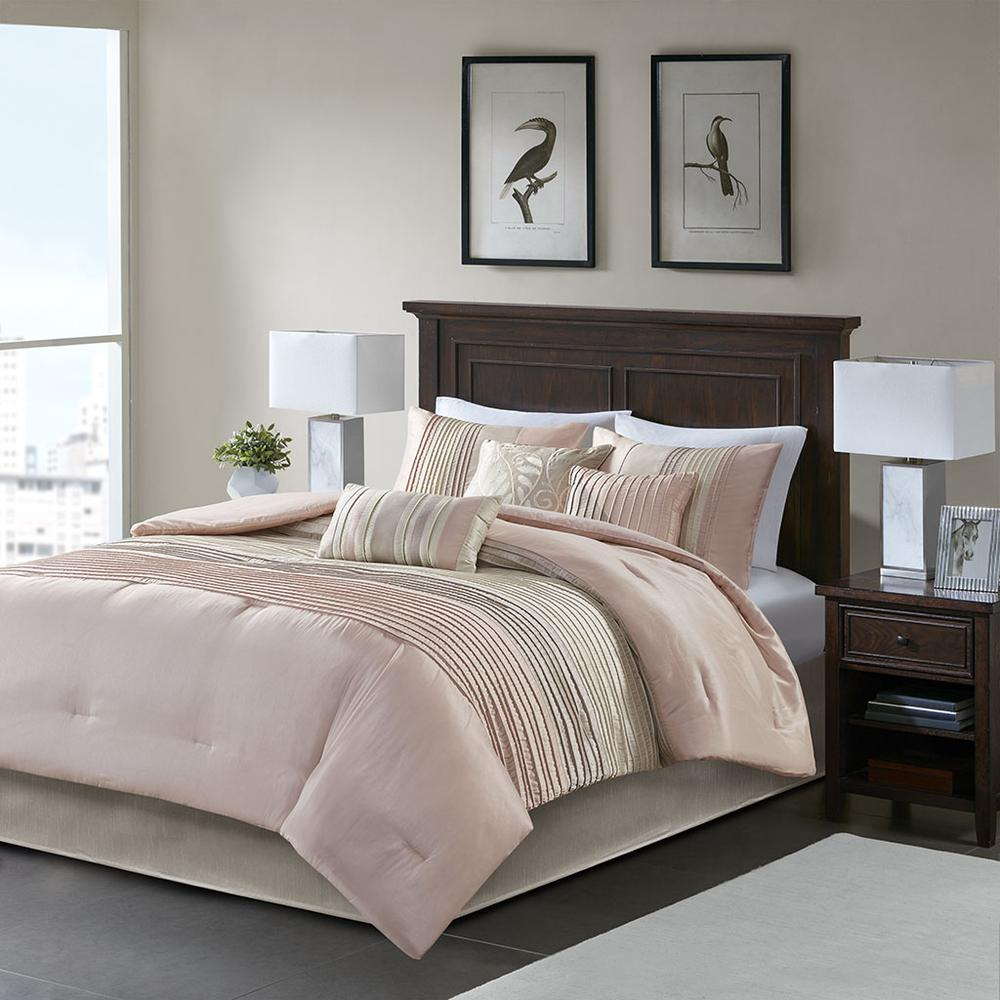 7 Piece Blush Tufted Comforter Set – Elegant Polyester Polyoni Bedroom Collection