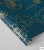 Peacock Blue and Metallic Gold Peonies Vinyl Peel and Stick Wallpaper Roll (Covers 28 sq. ft.)