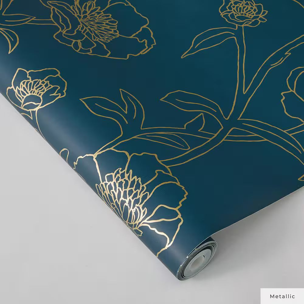 Peacock Blue and Metallic Gold Peonies Vinyl Peel and Stick Wallpaper Roll (Covers 28 sq. ft.)