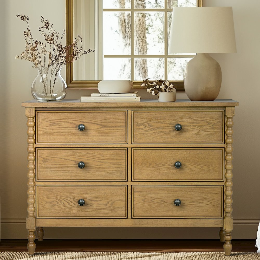 Beckett Small 6-Drawer Dresser in Natural Wood Finish with Spindle Legs