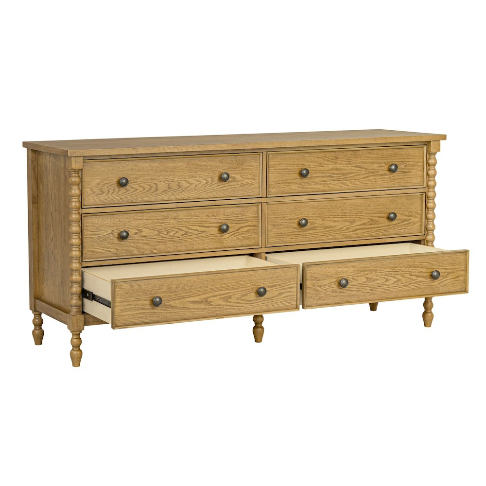 Beckett Large 6-Drawer Double Dresser in Natural Wood Finish with Spindle Legs