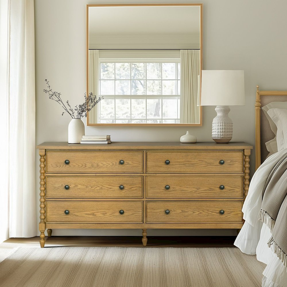 Beckett Large 6-Drawer Double Dresser in Natural Wood Finish with Spindle Legs