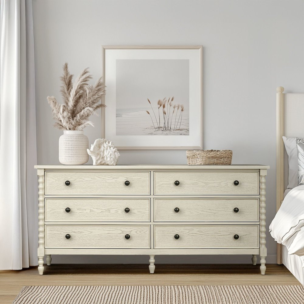 Beckett Large 6-Drawer Double Dresser in Antique Cream with Solid Wood Legs