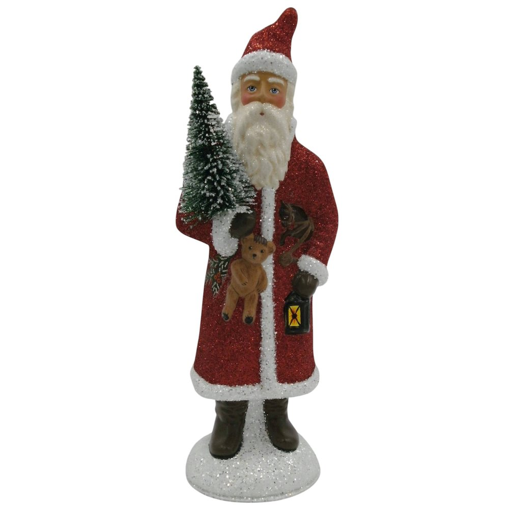 Paper Mache Figurine - Red Glitter Santa With Lantern
