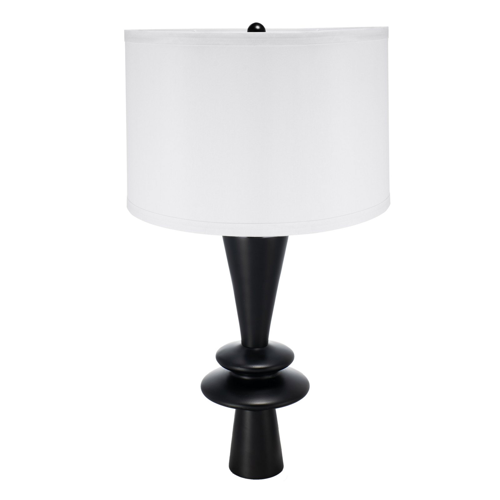 Black Aluminum Table Lamp with Double Round Accents and White Drum Shade – 26.7" H