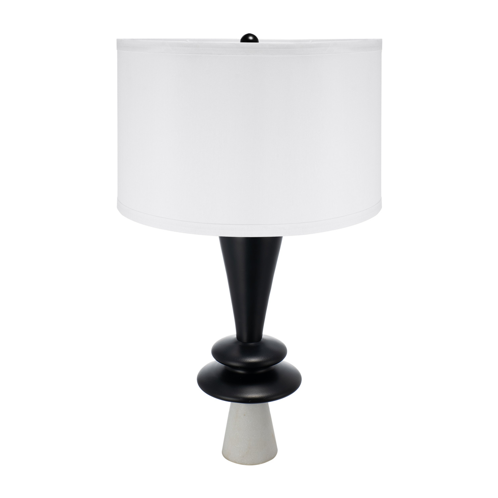 Black Aluminum Table Lamp with Double Disc Accents, Marble Pedestal Base & White Shade – 26.7" H