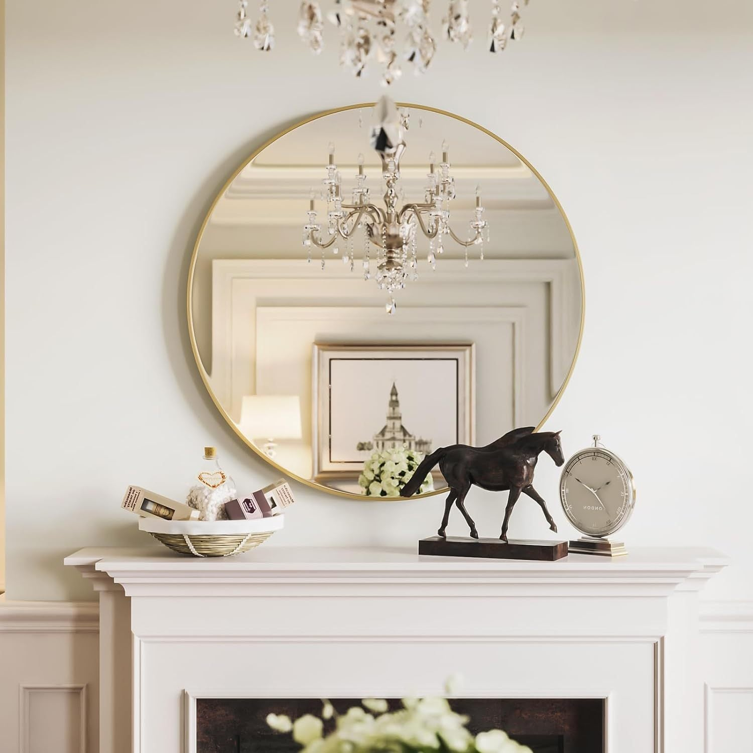 39 Inch Gold Metal Framed Round Bathrrom Mirror for Wall.