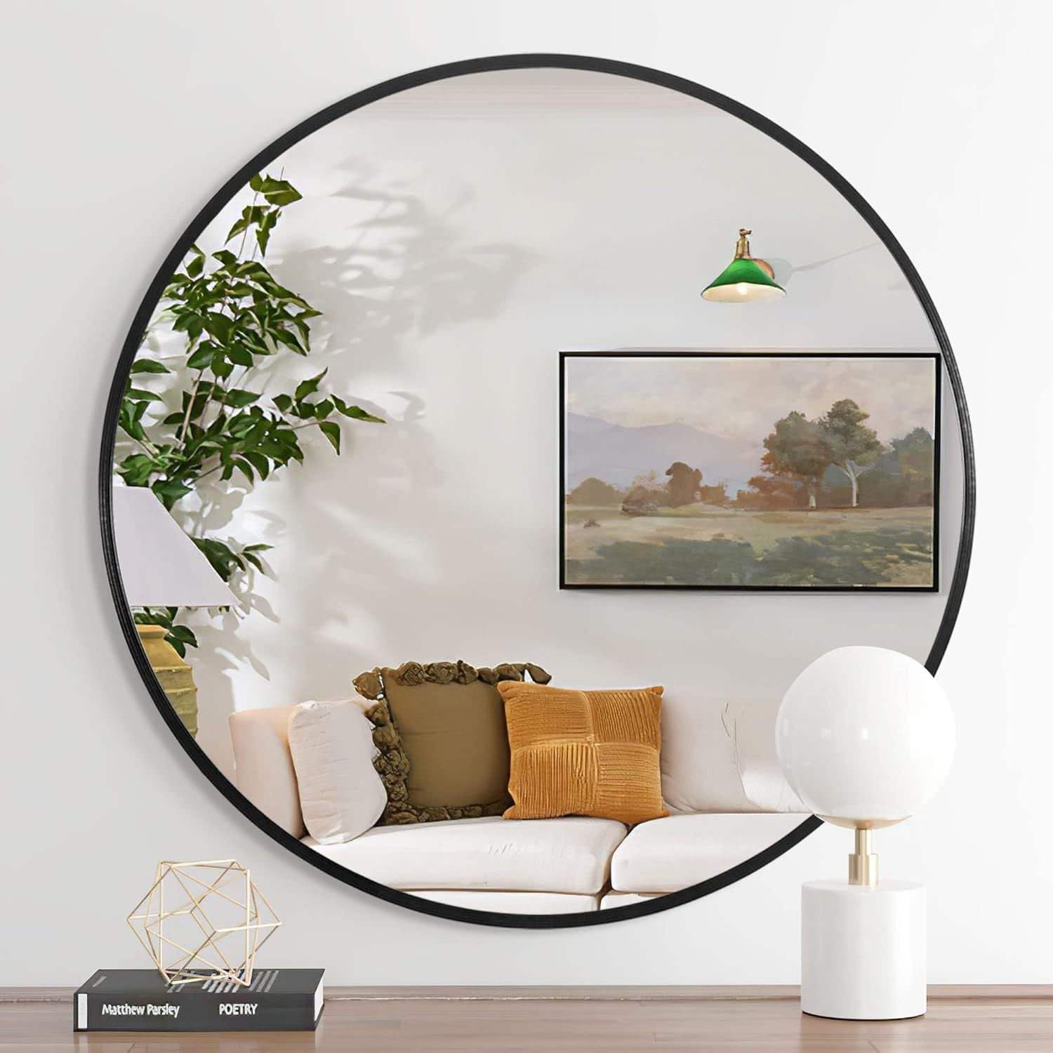 32 Inch Black Metal Framed Round Bathrrom Mirror for Wall.