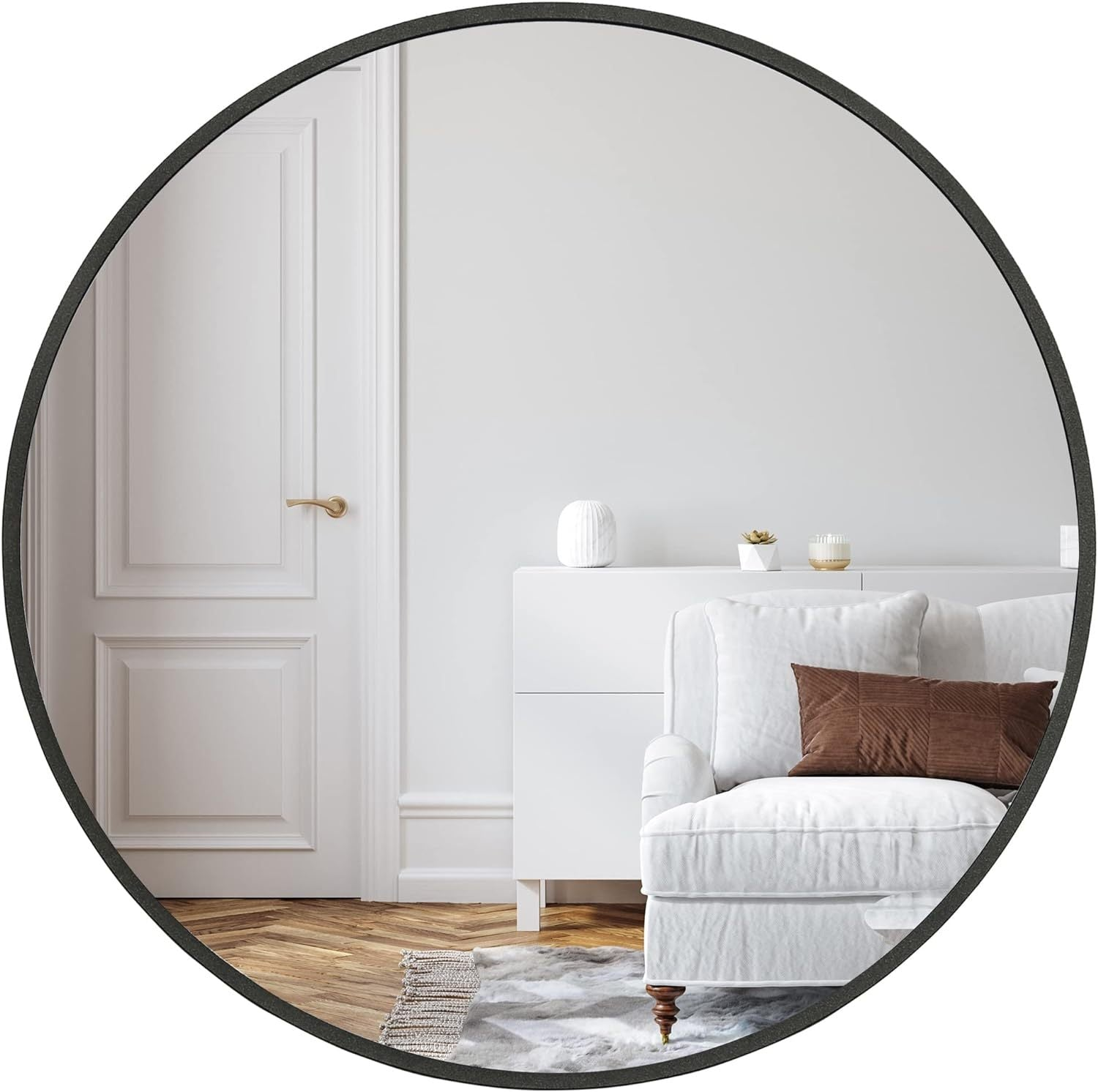 32 Inch Black Metal Framed Round Bathrrom Mirror for Wall.