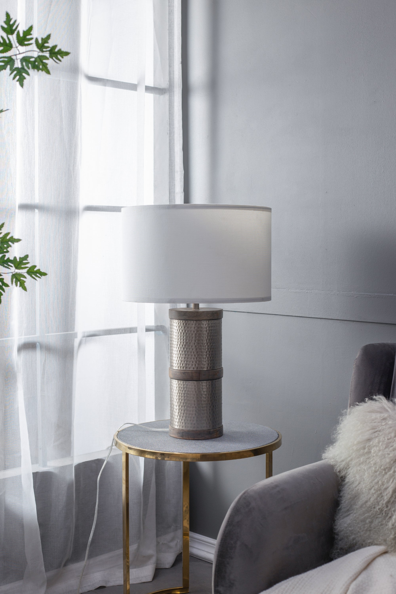 Hammered Iron Table Lamp with Mango Wood – 16x24.4" (Lamp Shade Assembly Required)