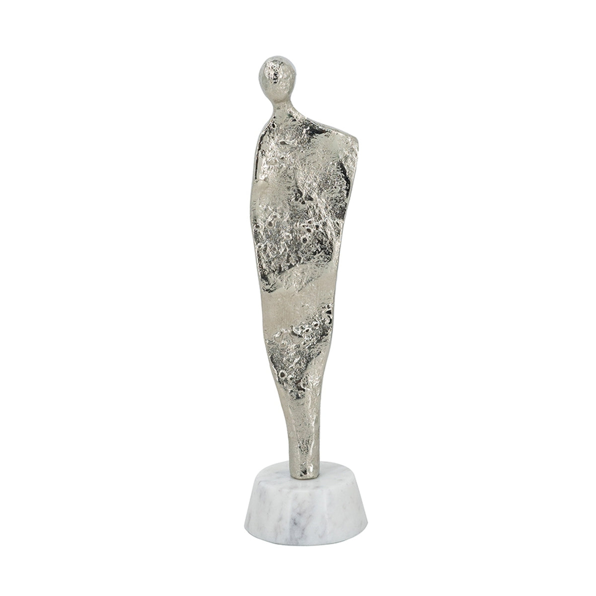 3.5x3x12' Abstract Aluminum Human Figurine on Marble Stand, Silver/White