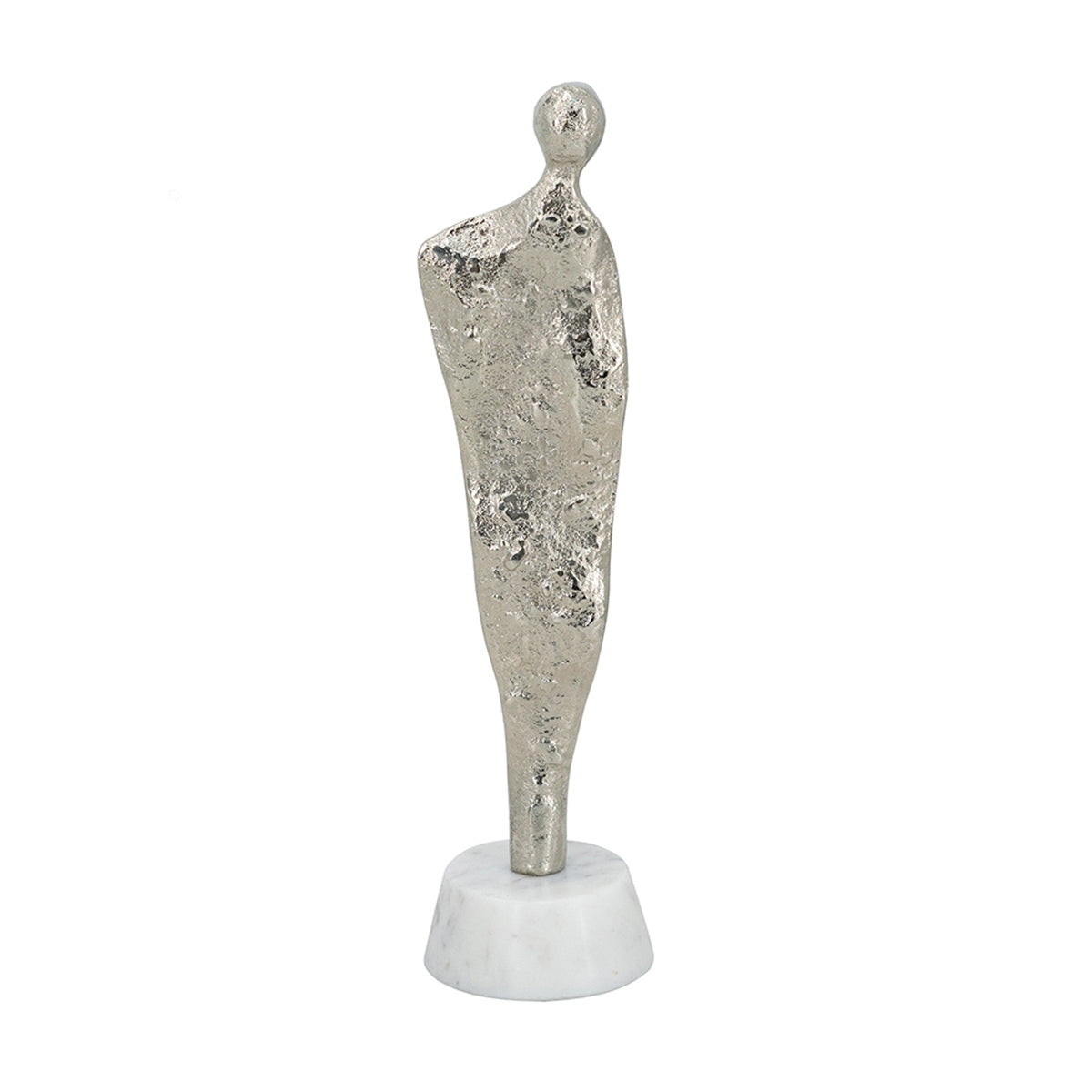 3.5x3x12' Abstract Aluminum Human Figurine on Marble Stand, Silver/White