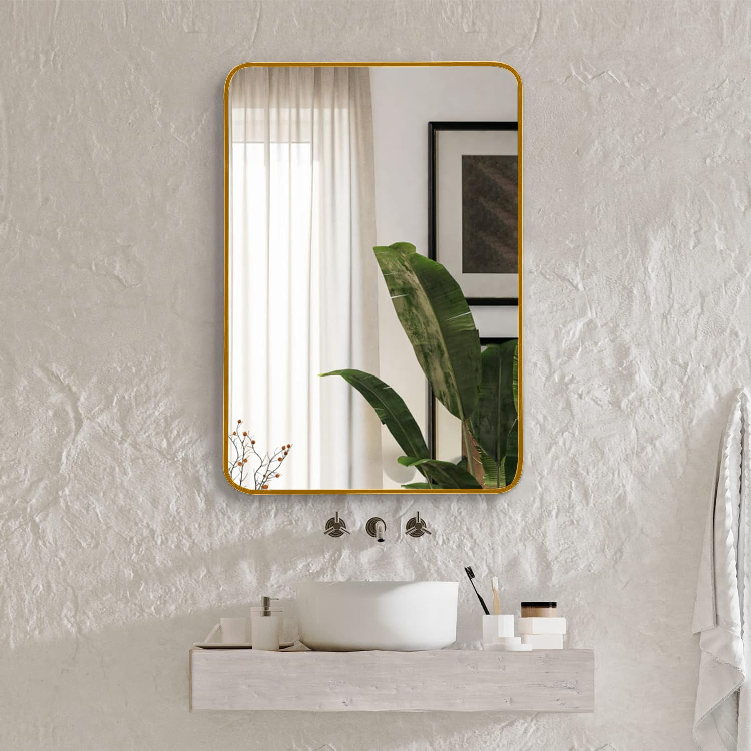 22x30 Inch Gold Metal Framed Rectangular Bathrrom Mirror for Wall.