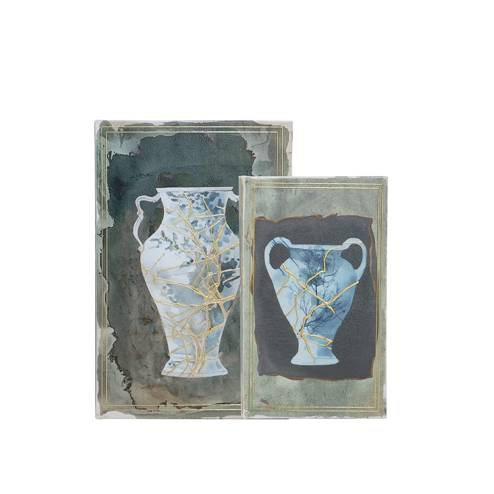 Set of 2 Decorative Book Boxes with Blue and Gold Vase Motifs, L:7x3x10.5' S:5x2x8.3'