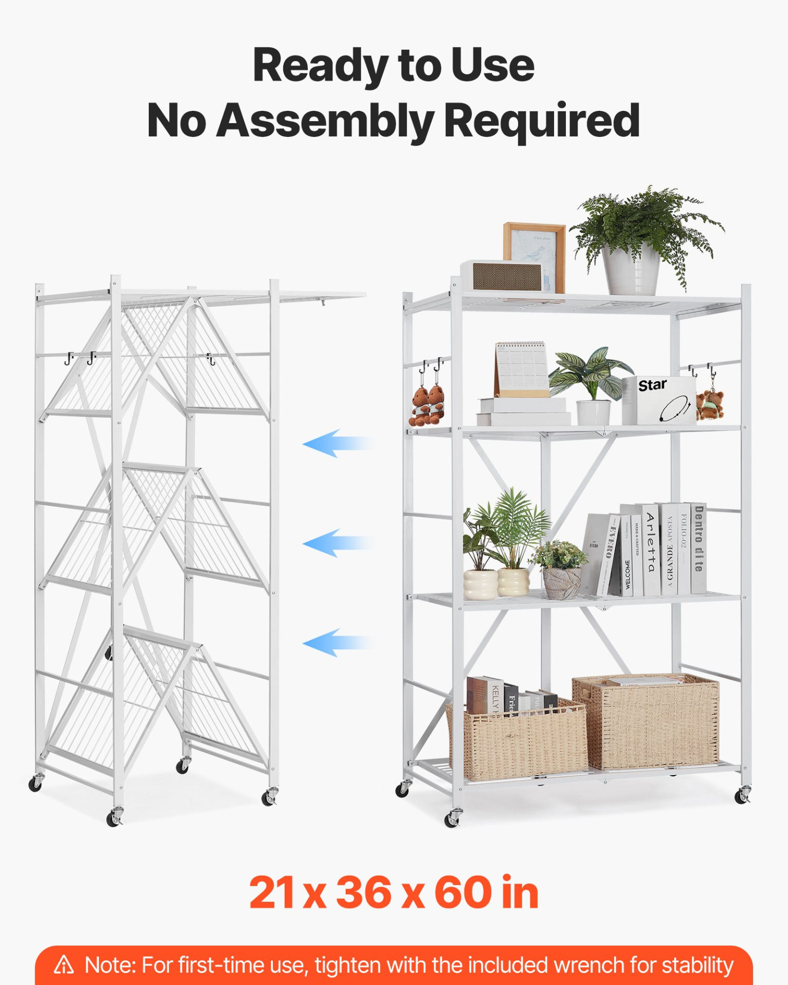 VEVOR 4-Tier Foldable Storage Shelf, 36W x 21D x 60 H Inch Folding Metal Rack Shelving Unit, No Assembly Organizer Shelf with 5 Wheels & 4 Hooks for Pantry, Kitchen, Garage, Basement, White