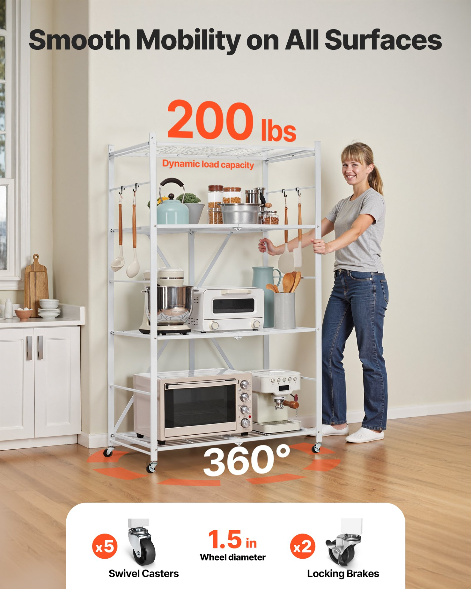 VEVOR 4-Tier Foldable Storage Shelf, 36W x 21D x 60 H Inch Folding Metal Rack Shelving Unit, No Assembly Organizer Shelf with 5 Wheels & 4 Hooks for Pantry, Kitchen, Garage, Basement, White