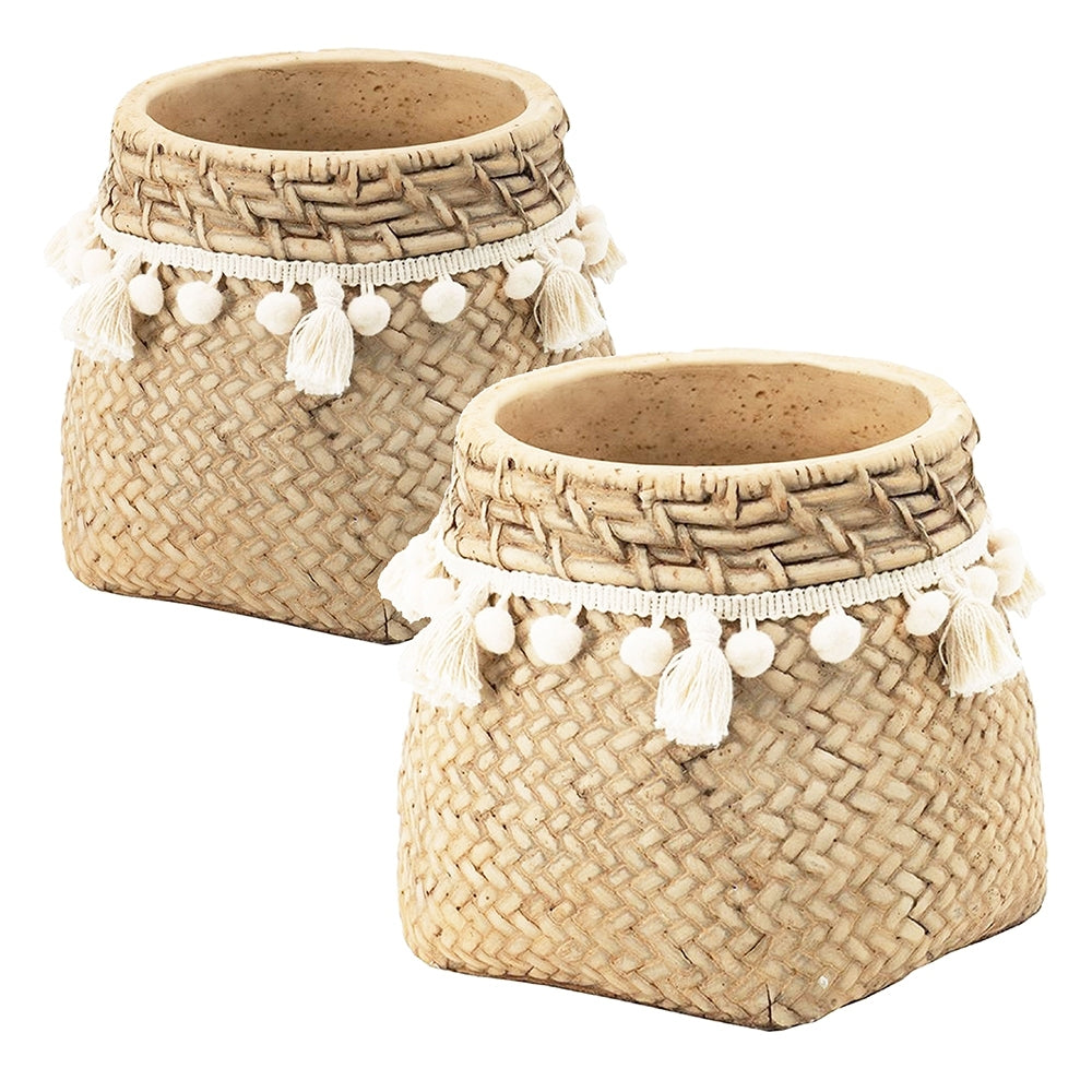 Set of 2 6.5x6.5x6' Brown Cement Planter with Woven Tassel Accent