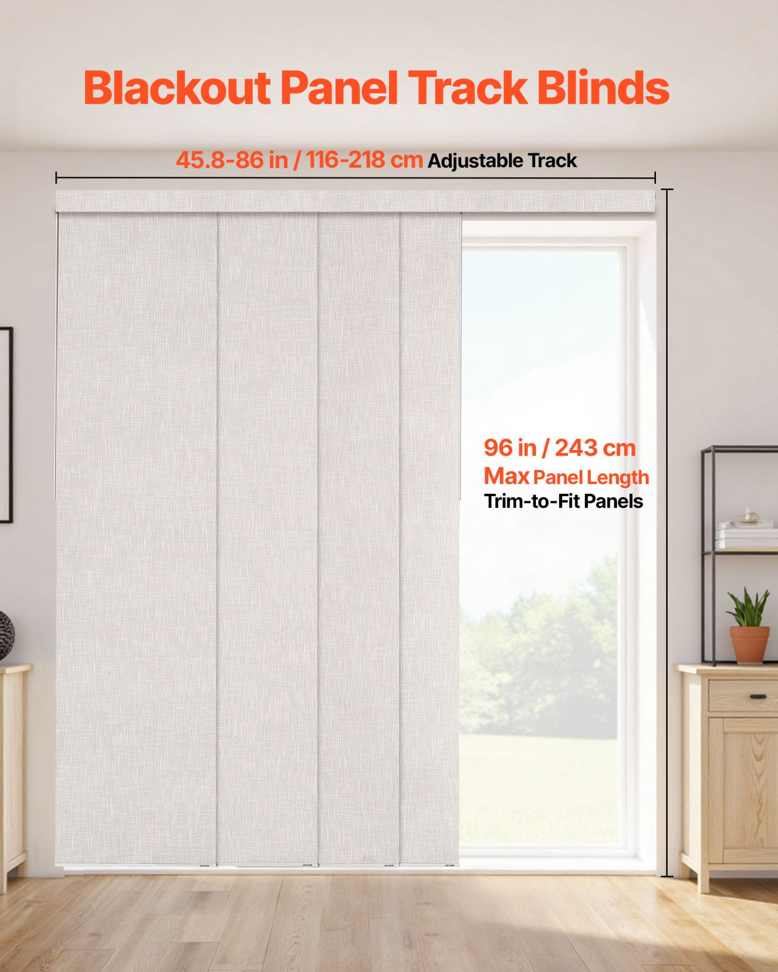 VEVOR Panel Track Blinds, Extendable Track from 45.8 in to 86 in W, Trimmable Panel Curtains Up to 96 in H, Vertical Blackout Panel Blinds for Sliding Doors, Patio Doors, Room Divider, Light Gray