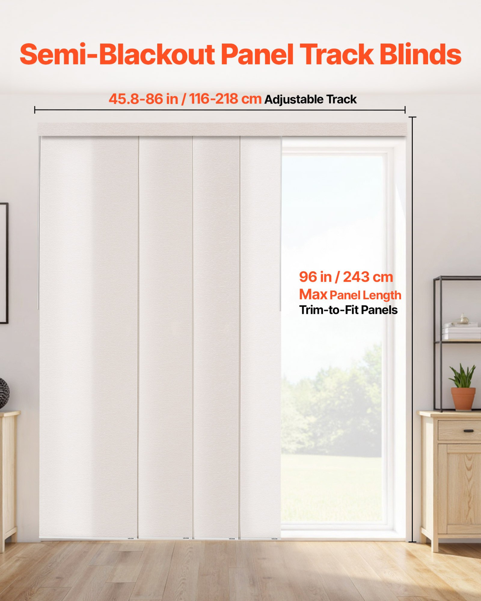 VEVOR Panel Track Blinds, Extendable Track from 45.8 in to 86 in W, Trimmable Panel Curtains Up to 96 in H, Adjustable Vertical Panel Blinds for Sliding Doors, Patio Doors, Room Divider, Light Brown