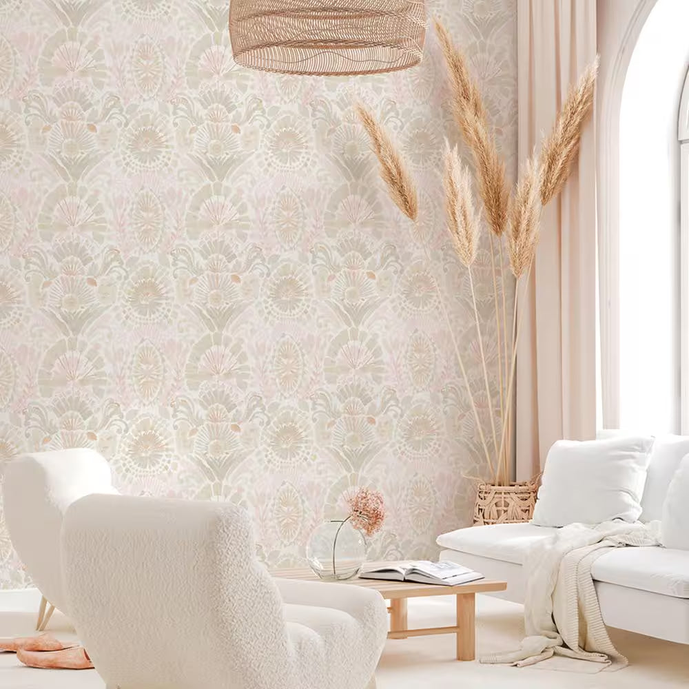 Wandering Rose Bohemia Pink Watercolor Damask Vinyl Peel and Stick Wallpaper Roll
