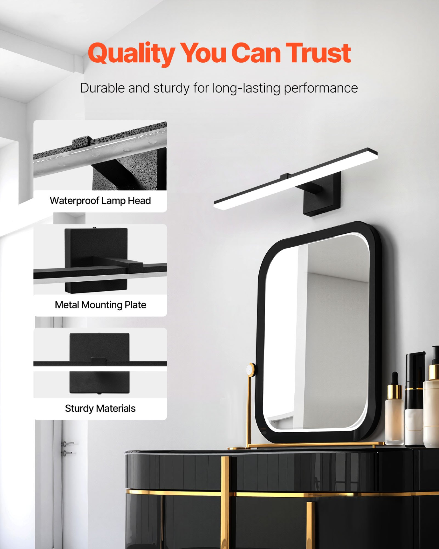 VEVOR Bathroom Vanity Light Bar, 24.02-Inch, LED Modern Light Fixture Over Mirror, with 360° Rotatable, IP44 Waterproof, 18W, 6000K, Wall Lighting for Bathroom, Living Room, Bedroom, Hallway, Black