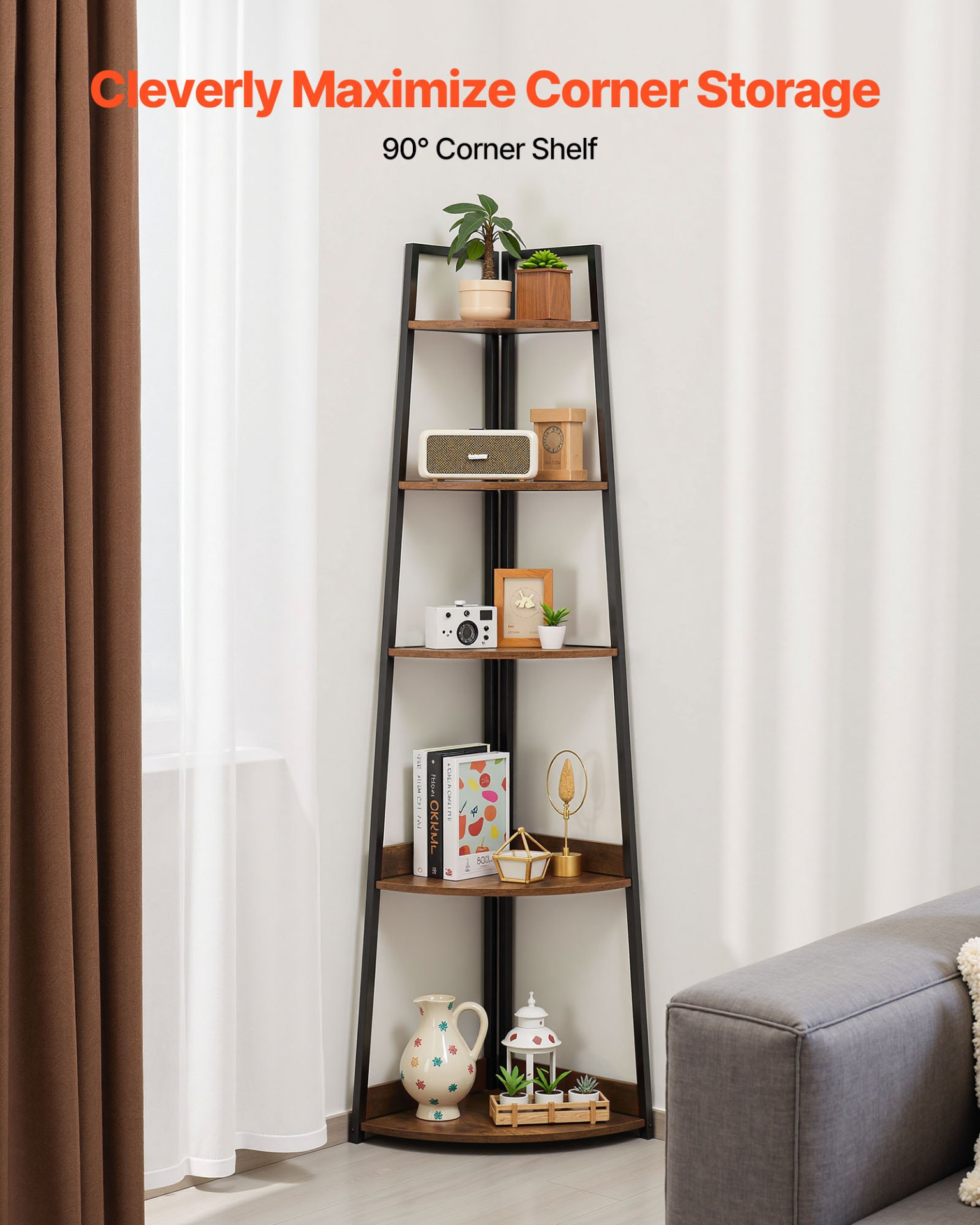 VEVOR 5 Tier Corner Shelf, 70" Tall Corner Bookshelf with Metal Frame & Wooden Shelves, Industrial Corner Ladder Shelf for Living Room, Bedroom, Office, Rustic Brown