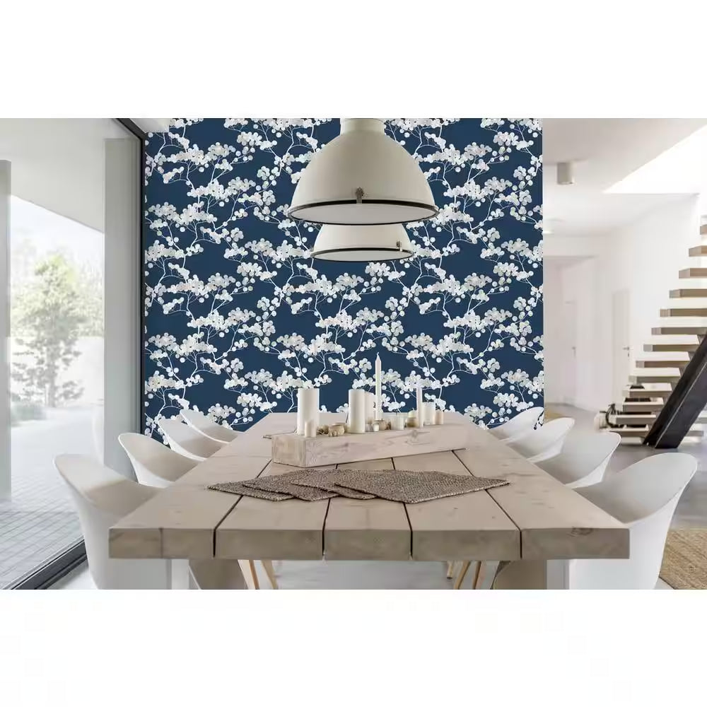 Cyprus Blossom Navy Blue and Grey Floral Vinyl Peel and Stick Wallpaper Roll