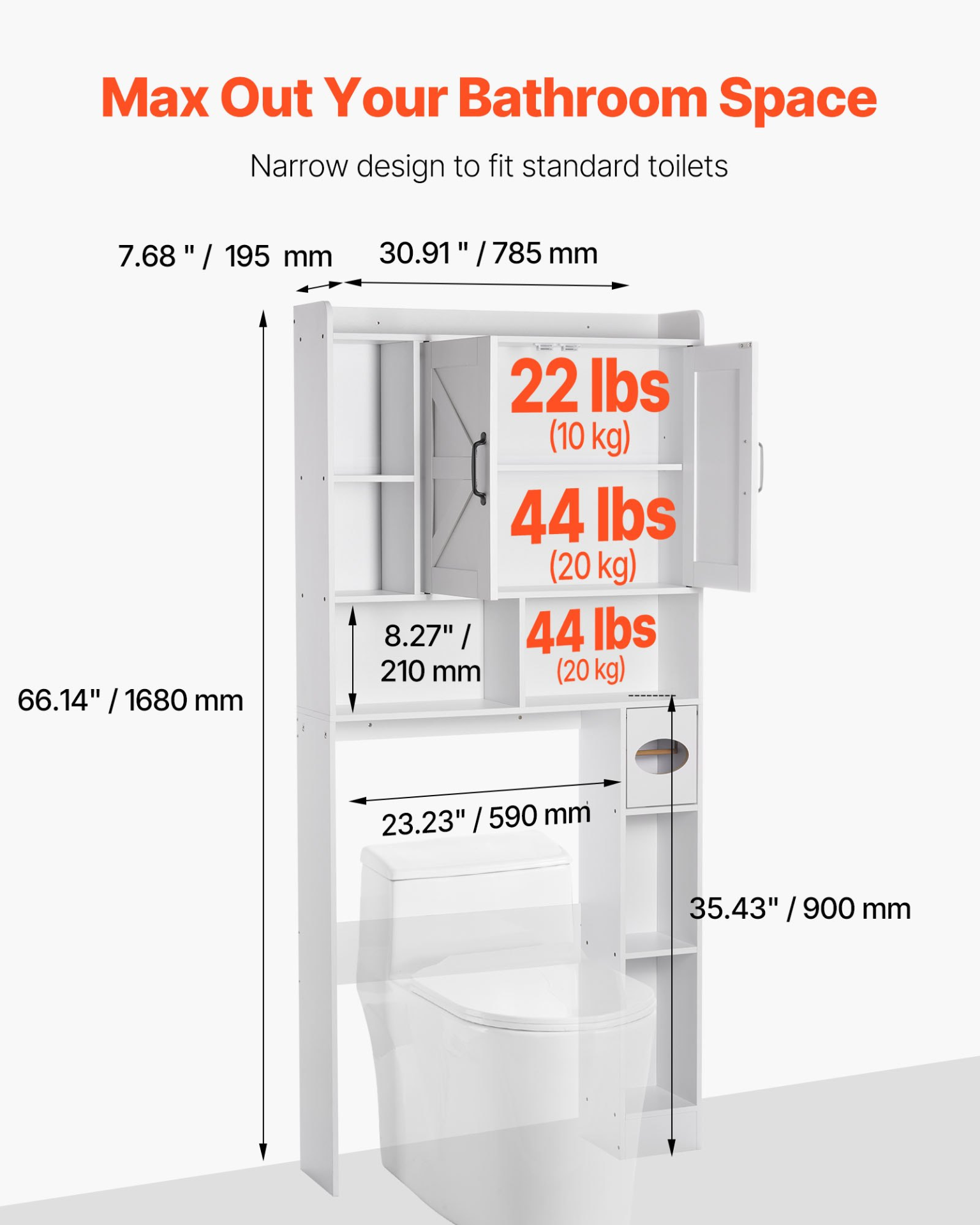 VEVOR Over The Toilet Storage Cabinet, 66.14 in Height Bathroom Storage Organizer with Double Door and Adjustable Shelf, Bathroom Space Saver Organizer Above Toilet with Open Shelf, White
